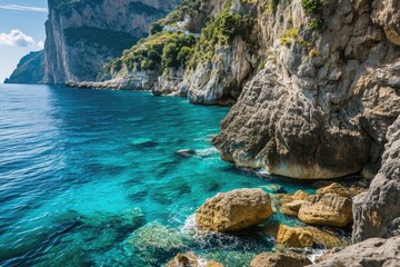 The dramatic cliffs and clear, turquoise waters of the  Italy, AI generated - obrazy, fototapety, plakaty