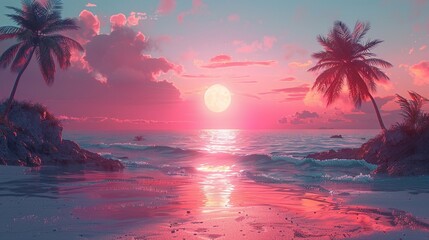 Dive into the nostalgia of a vaporwave-inspired beach scene where palm trees sway in the breeze and pastel-colored sunsets cast a dreamy glow over the sand and surf.  - obrazy, fototapety, plakaty