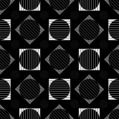 Abstract geometric vector black and white on black background pattern with circles in Memphis style, stylish modern trendy. Fabric texture, background, textile, print