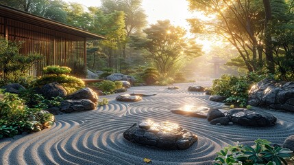 Immerse yourself in the calming realism of a Zen garden where meticulously raked gravel paths and carefully placed stones create a sense of serene balance and order. 