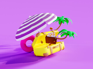 Travel budget concept. Yellow luggage with beach accessories and wallet on purple background. 3D Rendering, 3D Illustration