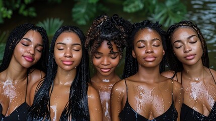 A group of women with braids and black hair are standing in a pool of water