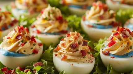 Obraz na płótnie Canvas Deviled eggs topped with bacon, garnished with paprika and chives, on a fresh lettuce bed. Gourmet appetizer concept