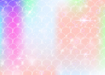 Kawaii mermaid background with princess rainbow scales pattern. Fish tail banner with magic sparkles and stars. Sea fantasy invitation for girlie party. Bright kawaii mermaid backdrop.