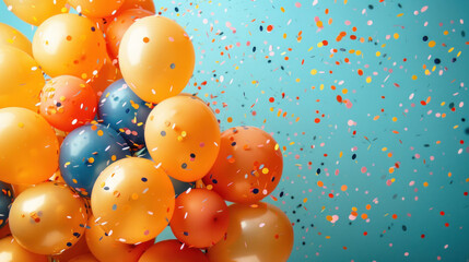 A lively cluster of orange balloons with shimmering blue confetti rain on a pastel blue background for celebration themes