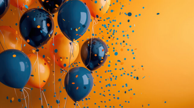 Orange and blue balloons with strings against a matching backdrop with scattered confetti, perfect for party-themed visuals
