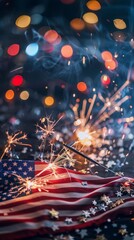 Close-up of a sparkler and American flag with glowing bokeh. Patriotic celebration with fireworks.