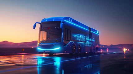 Innovative blue electric bus with solar panels and digital routes embodying sustainable technology in a bright optimistic illustration style - obrazy, fototapety, plakaty
