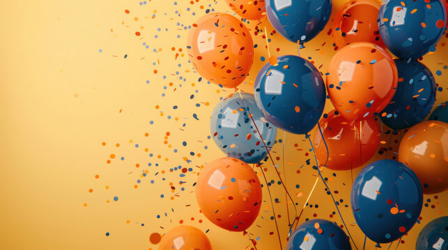 Vibrant image of blue and orange balloons against a yellow background with scattered confetti creating a celebratory mood