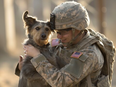 A soldier is hugging a dog while wearing a camouflage uniform. The dog is wearing a red and white American flag