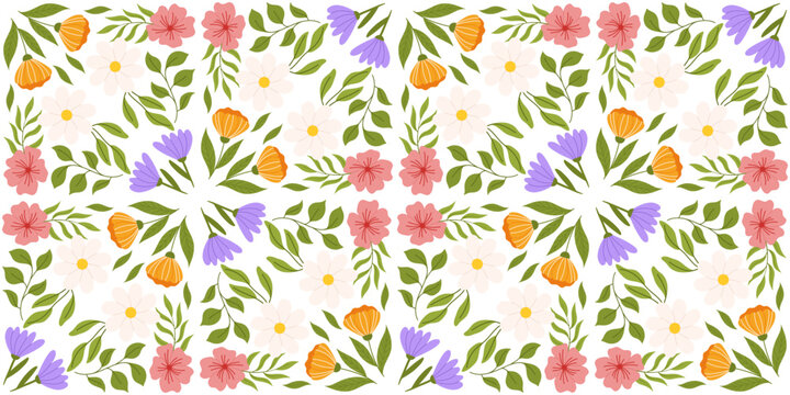 Seamless pattern with floral elements. Botanical inspired repeated design with lilac, orange and white flowers, pink cherry blossom, different leaves.