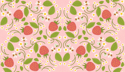 Seamless pattern design showcasing strawberries, sweet berries, flowers, green foliage, and a small bee. Recurrent surface design suitable for clothing, fabrics, gift wrapping, and other applications.