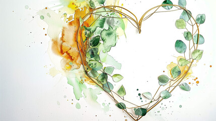 golden heart shaped wreath with green leaves in watercolor painting design