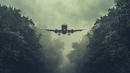 A plane flies above woodland