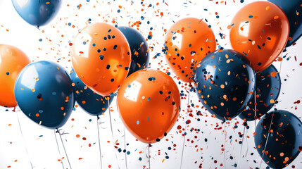 Floating black and orange balloons amidst a flurry of confetti suggesting a joyful celebration in a bright setting