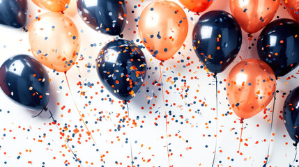 A festive image capturing a mix of orange and black balloons surrounded by a shower of vibrant confetti, suggesting a celebration or party event