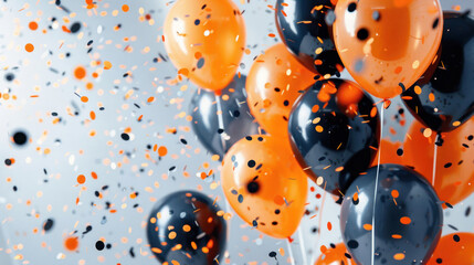 This image zooms in on beautiful shiny orange balloons with a hint of confetti against a neutral grey background for contrast