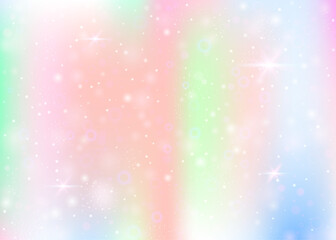 Fairy background with rainbow mesh.  Mystical universe banner in princess colors. Fantasy gradient backdrop with hologram. Holographic fairy background with magic sparkles, stars and blurs.