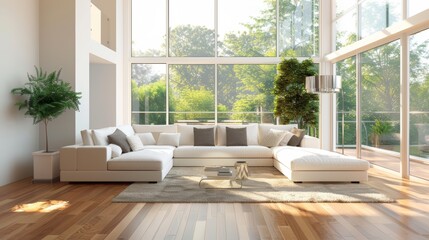 Sunlit living room with floor-to-ceiling windows, lush greenery, white corner sofa, and wooden flooring.