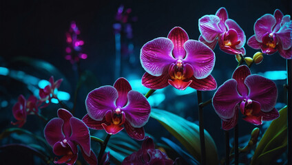 Contemporary digital painting of Neon orchids, with futuristic elements and glowing effects, using digital brushes. - obrazy, fototapety, plakaty