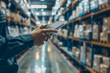 Smart Warehouse management innovative software in computer for real time monitoring of goods package delivery . Computer screen showing smart inventory dashboard for storage and supply distribution .