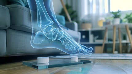 Digital composite image of foot bones anatomy with a home interior background. - Powered by Adobe