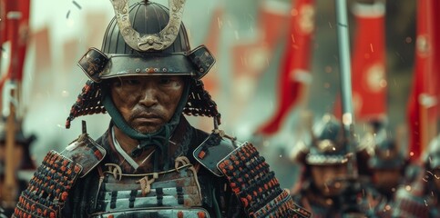 Samurai warrior in traditional armor with helmet standing solemnly.