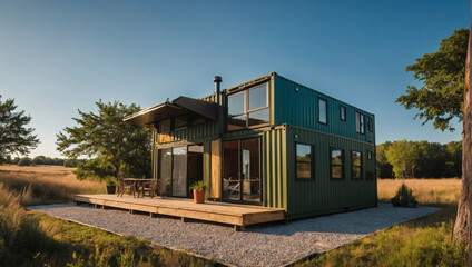 Fototapeta na wymiar Contemporary modular home crafted from repurposed shipping containers, basking in sunlight on a vibrant summer day.