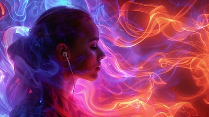 Stylized woman with earbuds immersed in a sea of flowing neon colors representing a fusion of music and visual art
