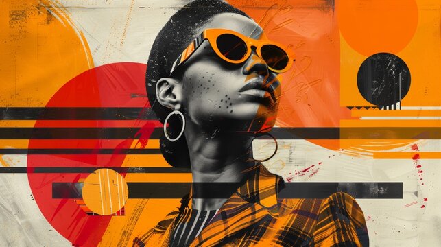 Abstract modernist collage featuring a profile of an african woman in sunglasses: vibrant and stylish afrocentric collage poster featuring a modernist abstract design of an african woman in sunglasses