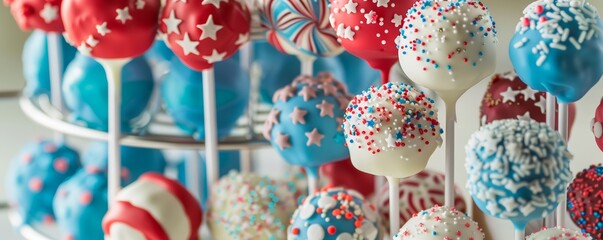 Patriotic themed cake pops decorated with stars and stripes in red, white, and blue.