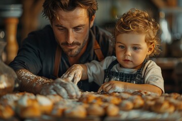 A father teaches his young child to bake, a heartwarming symbol of fatherhood and quality family time - obrazy, fototapety, plakaty