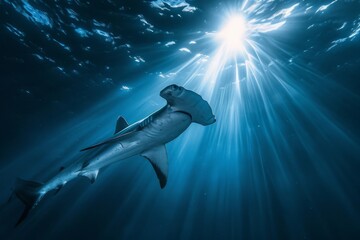 A shark swims amidst sunbeams in its natural ocean habitat, A surreal scene showcasing a hammerhead...