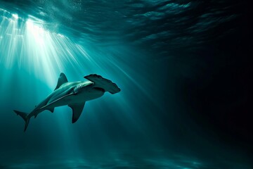 Shark Swimming in the Ocean Depths, A surreal scene showcasing a hammerhead shark in the deep ocean, AI Generated - obrazy, fototapety, plakaty