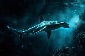 Fototapeta premium A large shark gracefully moves through the deep blue ocean, showing its strength and power, A surreal scene showcasing a hammerhead shark in the deep ocean, AI Generated