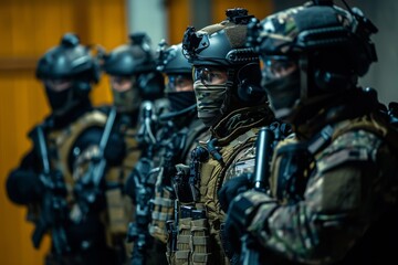 A group of military men are standing in formation next to each other, displaying their teamwork and unity, A SWAT team strategizing their next move in a high-risk hostage situation, AI Generated
