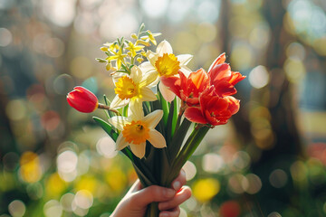 Woman's Hand Holding Fresh Spring Flowers on Sunny Day