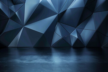 Dark Blue Geo-Patterned Background With Polished Metal Floor - obrazy, fototapety, plakaty