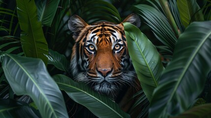 Tiger moving stealthily in the underbrush surrounded by rich jungle leaves in a classic vintage wallpaper design - obrazy, fototapety, plakaty