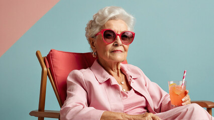 Colorful bright summer vibe poster with glamorous granny Generated with AI