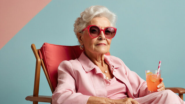 Colorful bright summer vibe poster with glamorous granny Generated with AI