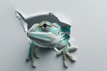 This stunning image captures a chameleon's intrigue as it emerges through a gap in white paper, seeking exploration