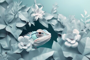 A striking image illustrating a chameleon surrounded by delicate paper-crafted flowers and leaves in a cool teal tone