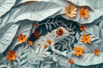 This creative depiction showcases an orange gecko blending seamlessly into an orange flower amidst white paper foliage art