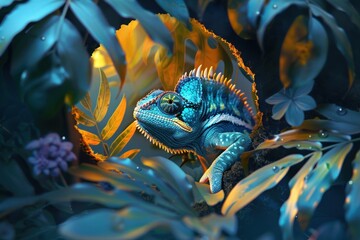 Capturing a chameleon during a nocturnal scene surrounded by glistening wet leaves and flowers with a dramatic blue hue