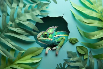 This composition features a chameleon standing within a paper cut-out circular frame surrounded by vivid green foliage
