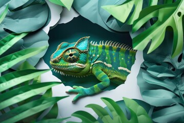 A visually enthralling image with a vivid green chameleon perched on a meticulously crafted paper leaf