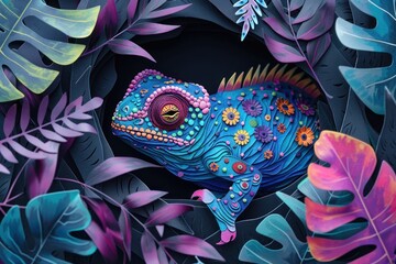 A digitally enhanced chameleon adorned with floral patterns, is nestled in dark foliage, merging art with wildlife