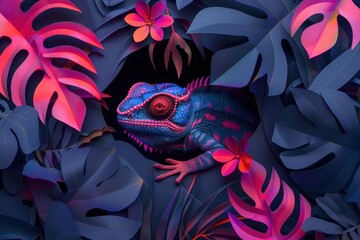 A neon blue chameleon expertly hides among dark tropical foliage, illustrating the game of hide and seek in nature