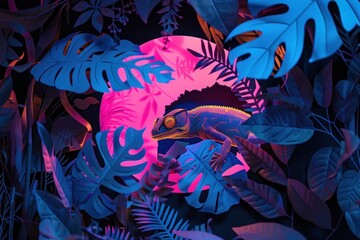 A chameleon blends into vibrant tropical foliage with a pink neon glow, showcasing the beauty of adaptation and camouflage